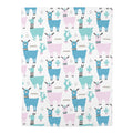 A square fabric item, likely a blanket or towel, featuring a repeating pattern of cartoon llamas and cacti in shades of blue, pink, and teal on a white background.