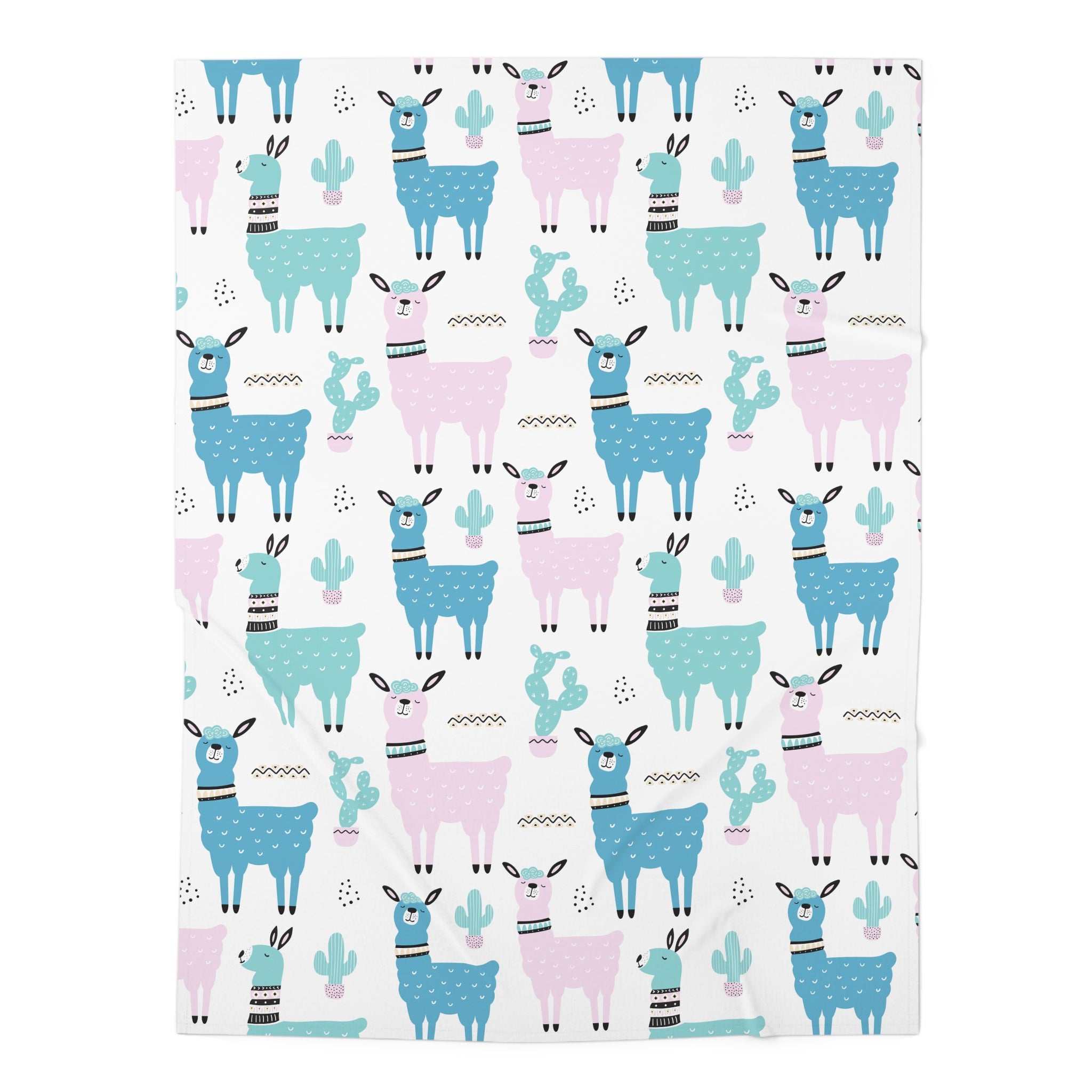 A square fabric item, likely a blanket or towel, featuring a repeating pattern of cartoon llamas and cacti in shades of blue, pink, and teal on a white background.